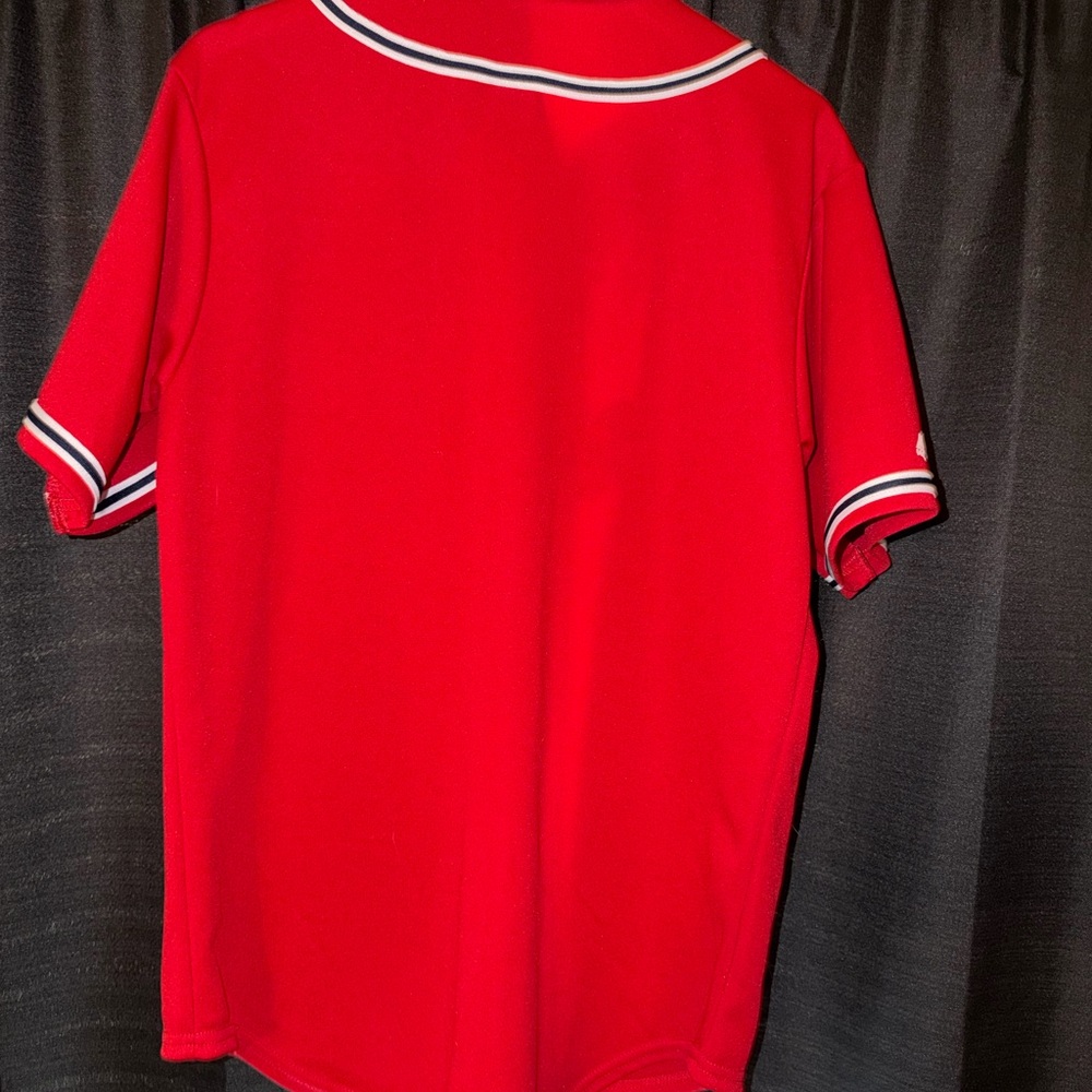 Majestic Braves Red Baseball Jersey with Navy & White Accents - Picture 2 of 4